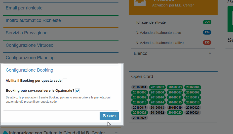 Screenshot della pagina di configurazione Booking con evidenziato il checkbox per abilitare il Booking