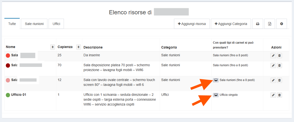 Screenshot lista risorse: elenco risorse con icona booking