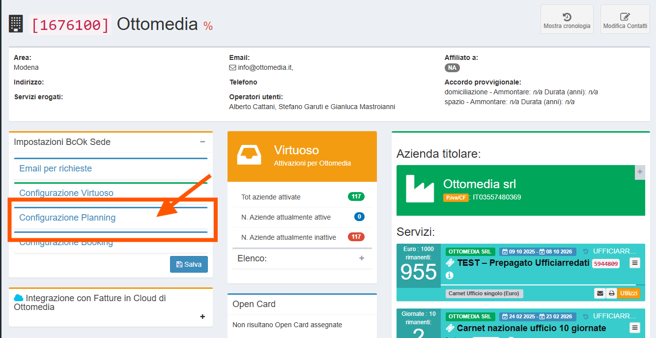 Screeshot della pagina di configurazione Sede con evidenziata la sezione Configurazione Planning