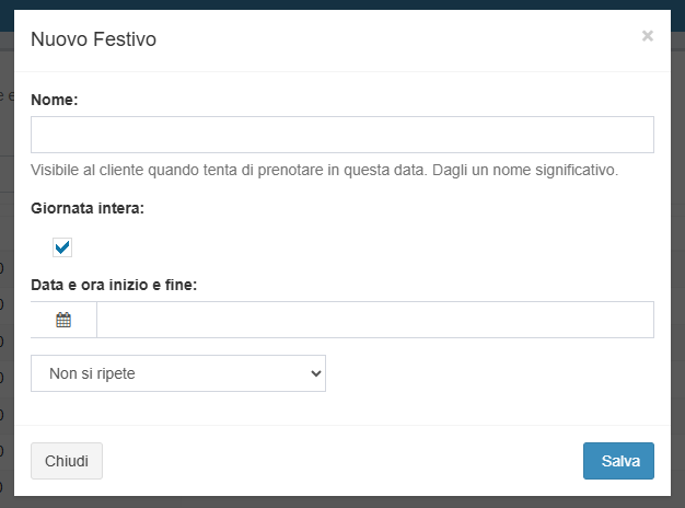 Screenshot della finestra Aggiungi festività/chiusura