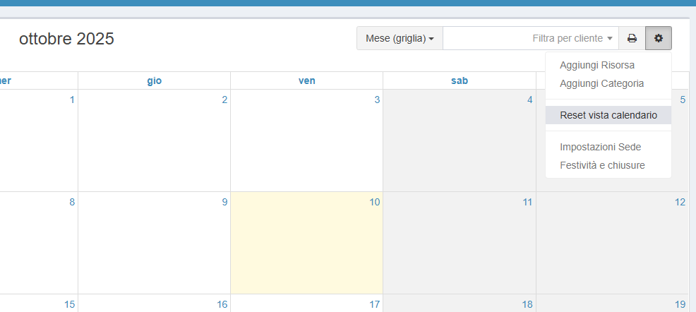 Resetta vista calendario